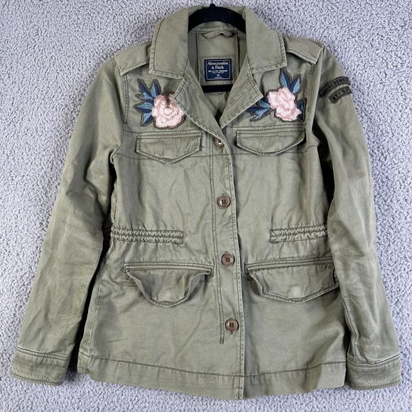 Abercrombie Fitch Military Field Jacket Women XS Floral Green Button Patches - Picture 1 of 10